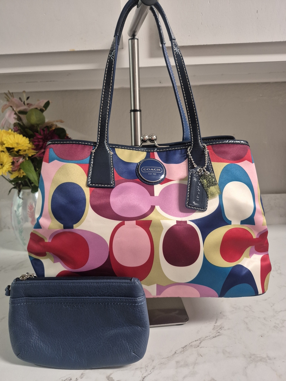 Coach Scarf Print Kisslock Carryall Signature Tote with Navy Trim